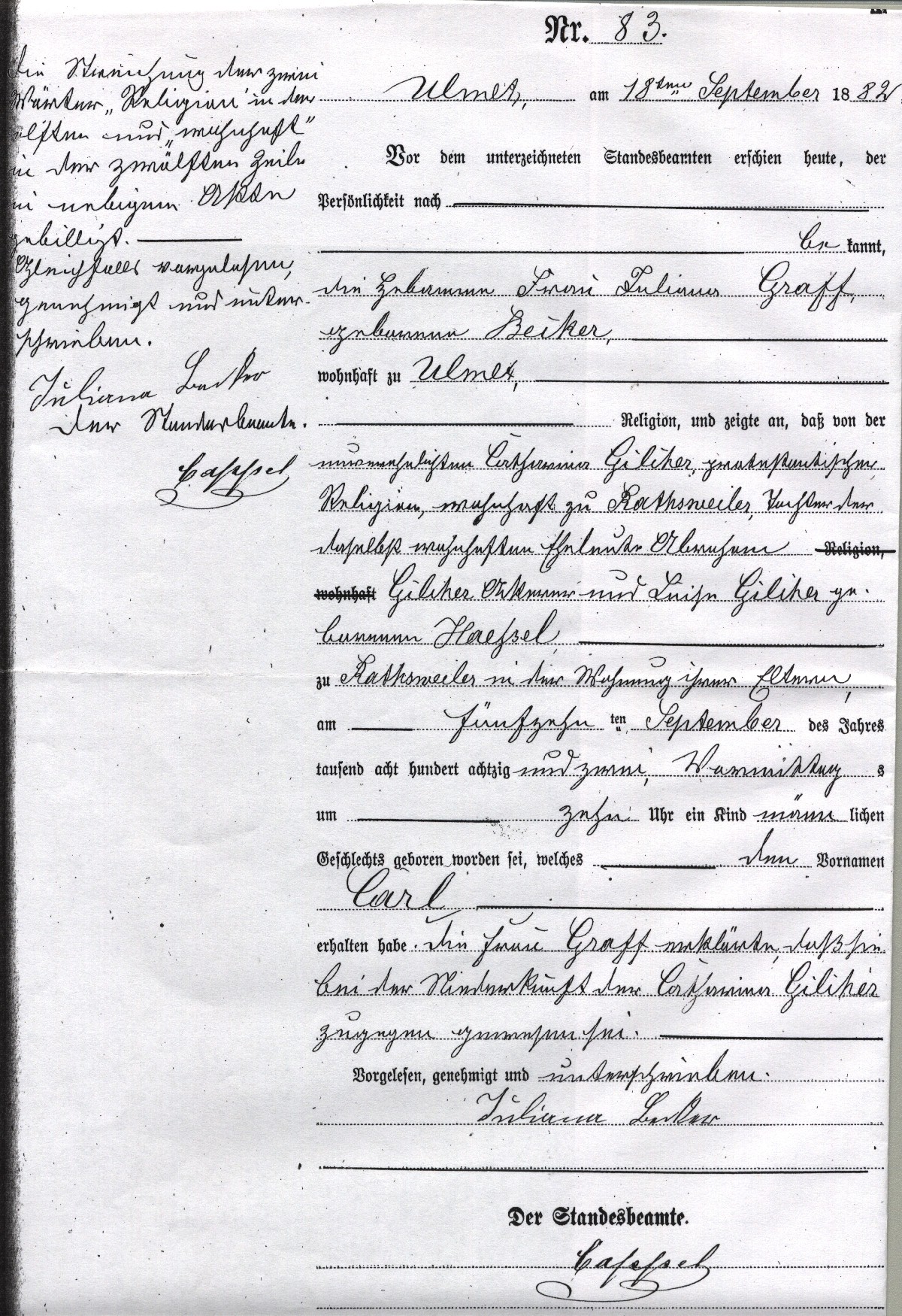 Birth registration for Carl Gilcher, 
1882