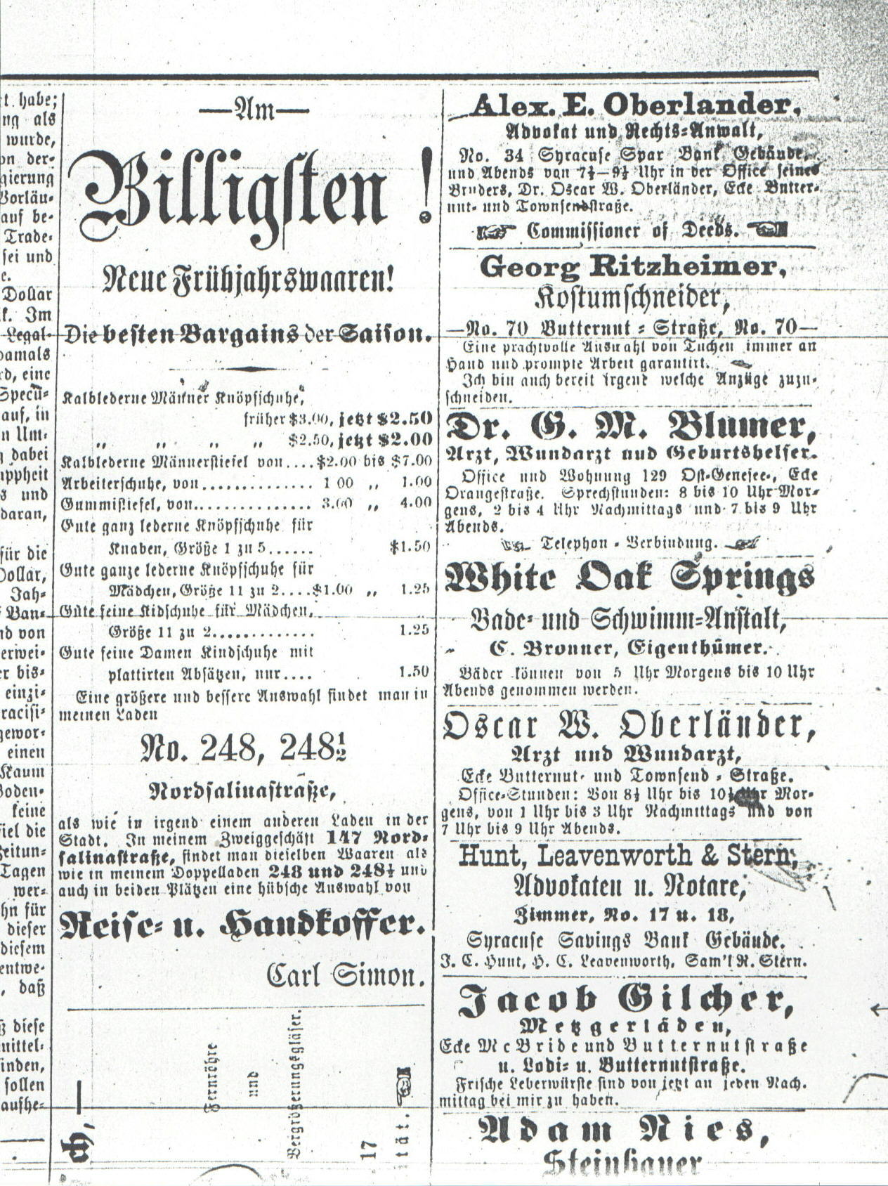 ads from the Syracuse Union, 5 
July 1883