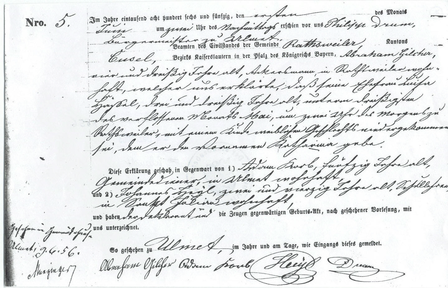Birth registration for Catharina Gilcher, 
1856