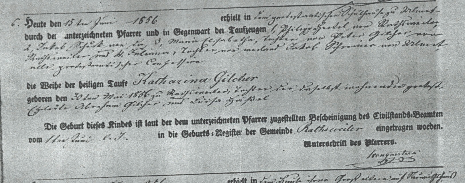 Birth and baptism registration 
for Catharina Gilcher, 
1856