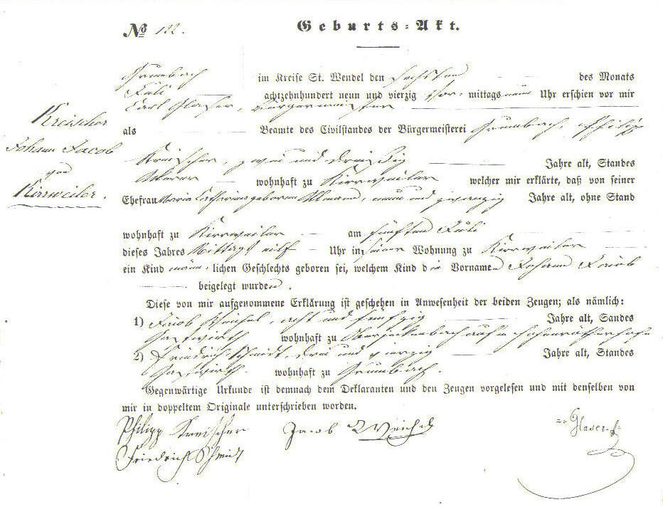 German birth registration for Johann 
Jacob Kreischer, 1849