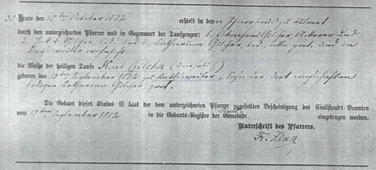 Birth and baptism registration 
for Carl Gilcher, 
1882