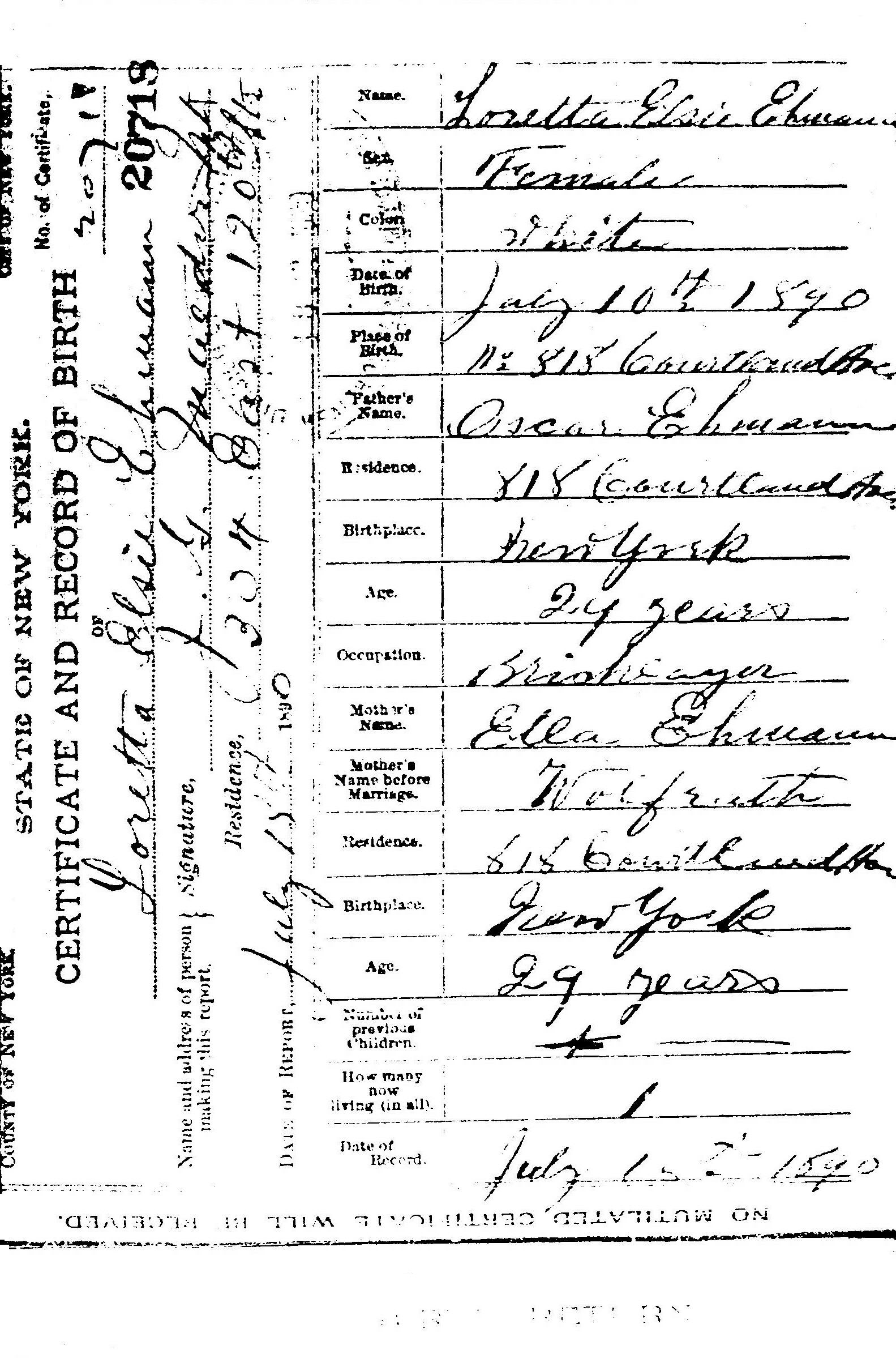 Birth certificate of Loretta Elsie Ehmann, 1890