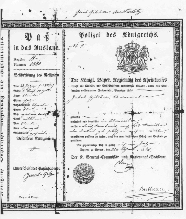 Jacob Gilcher's German passport, 1834