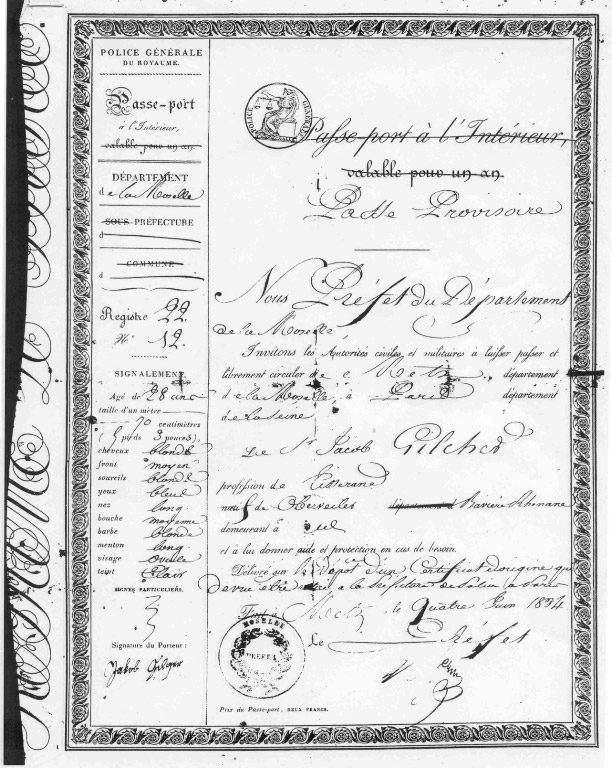 Jacob Gilcher's French passport, 1834