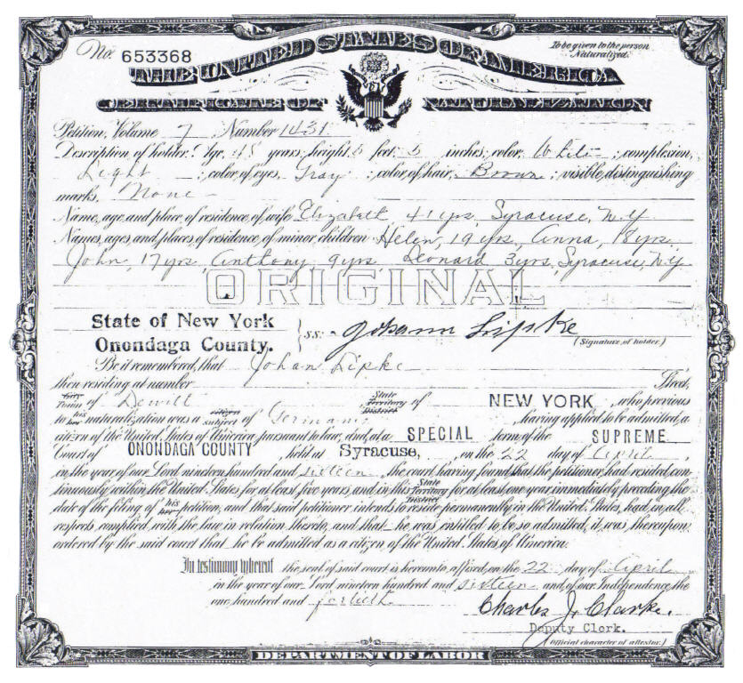 Naturalization certificate of Johann Lipke and family, 1916