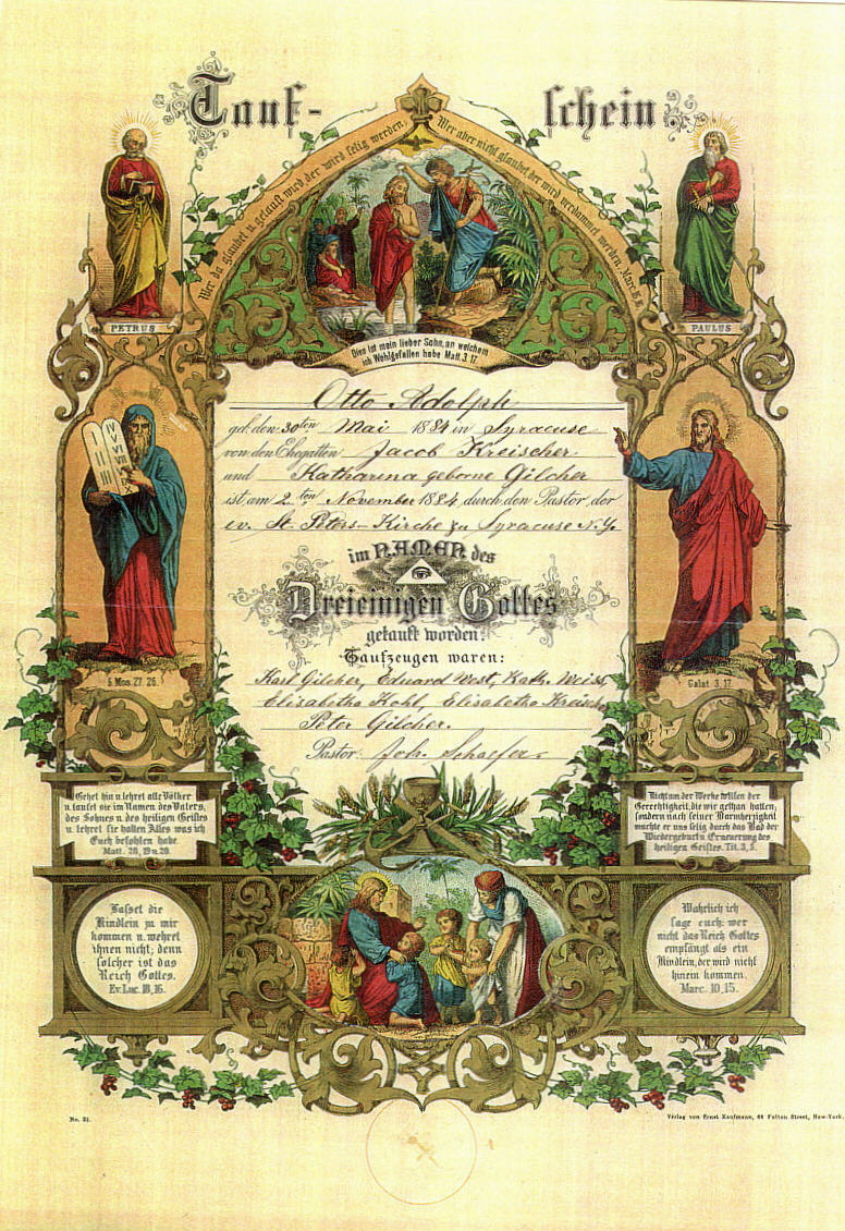Baptismal certificate, St. 
Peter's Church, Syracuse, NY