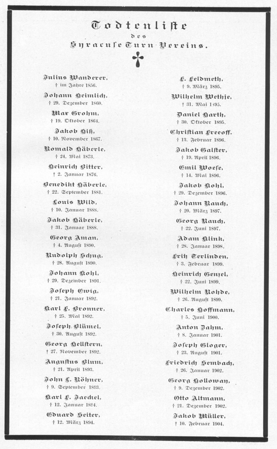 Todtenliste des Syracuse Turn Vereins