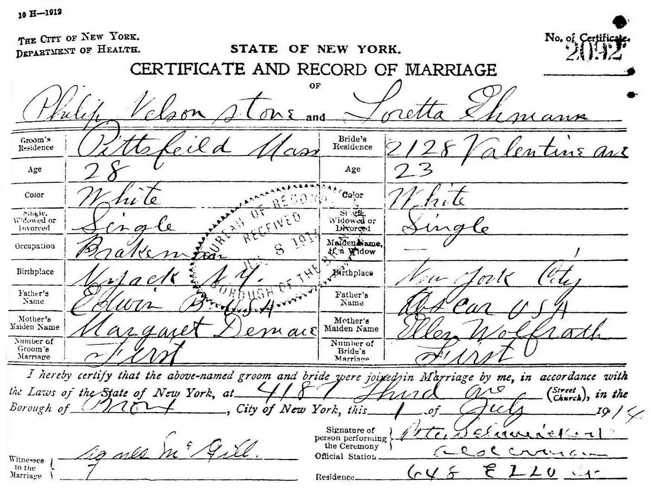 Marriage certificate of Philip Nelson Stone and Loretta Elsie Ehmann, 1914