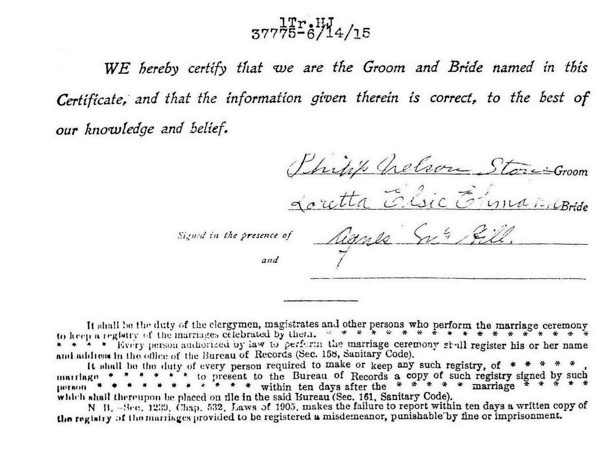 Marriage certificate of Philip Nelson Stone and Loretta Elsie Ehmann, 1914