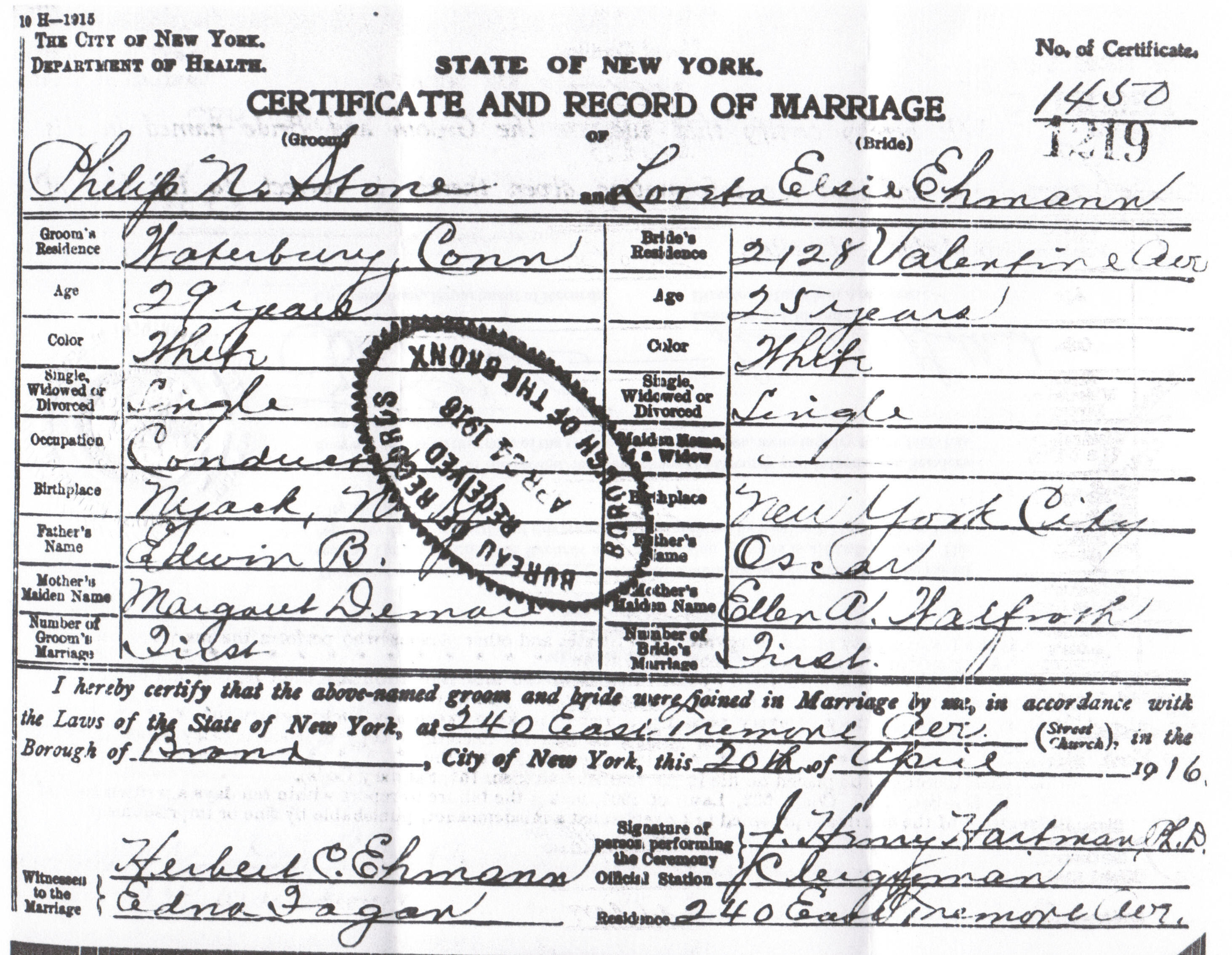 Marriage certificate of Philip Nelson Stone and Loretta Elsie Ehmann, 1916