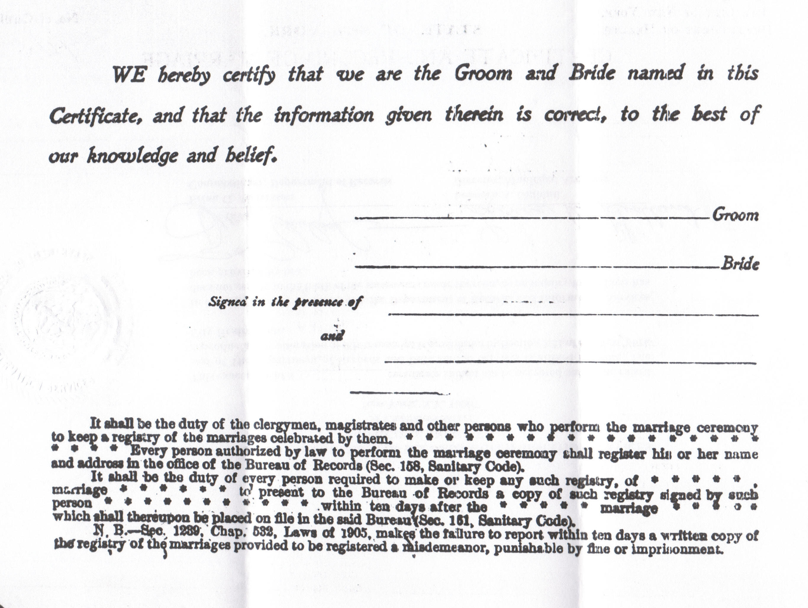Marriage certificate of Philip Nelson Stone and Loretta Elsie Ehmann, 1916